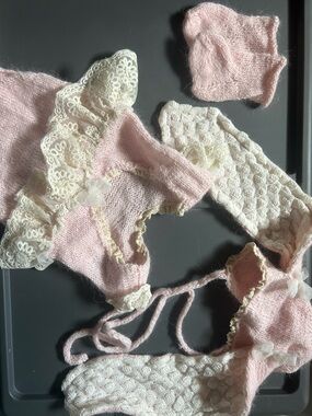 Bunny Pink Knit Baby Set with Ivory Lace Trim